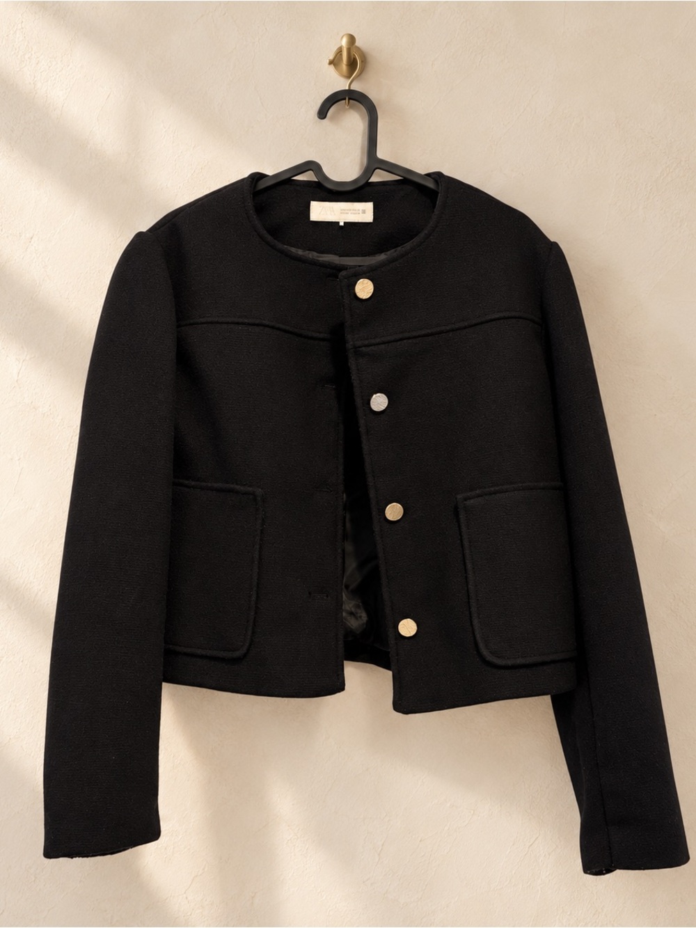 Zara Black Cropped Collarless Jacket Gold Buttons | Size Medium